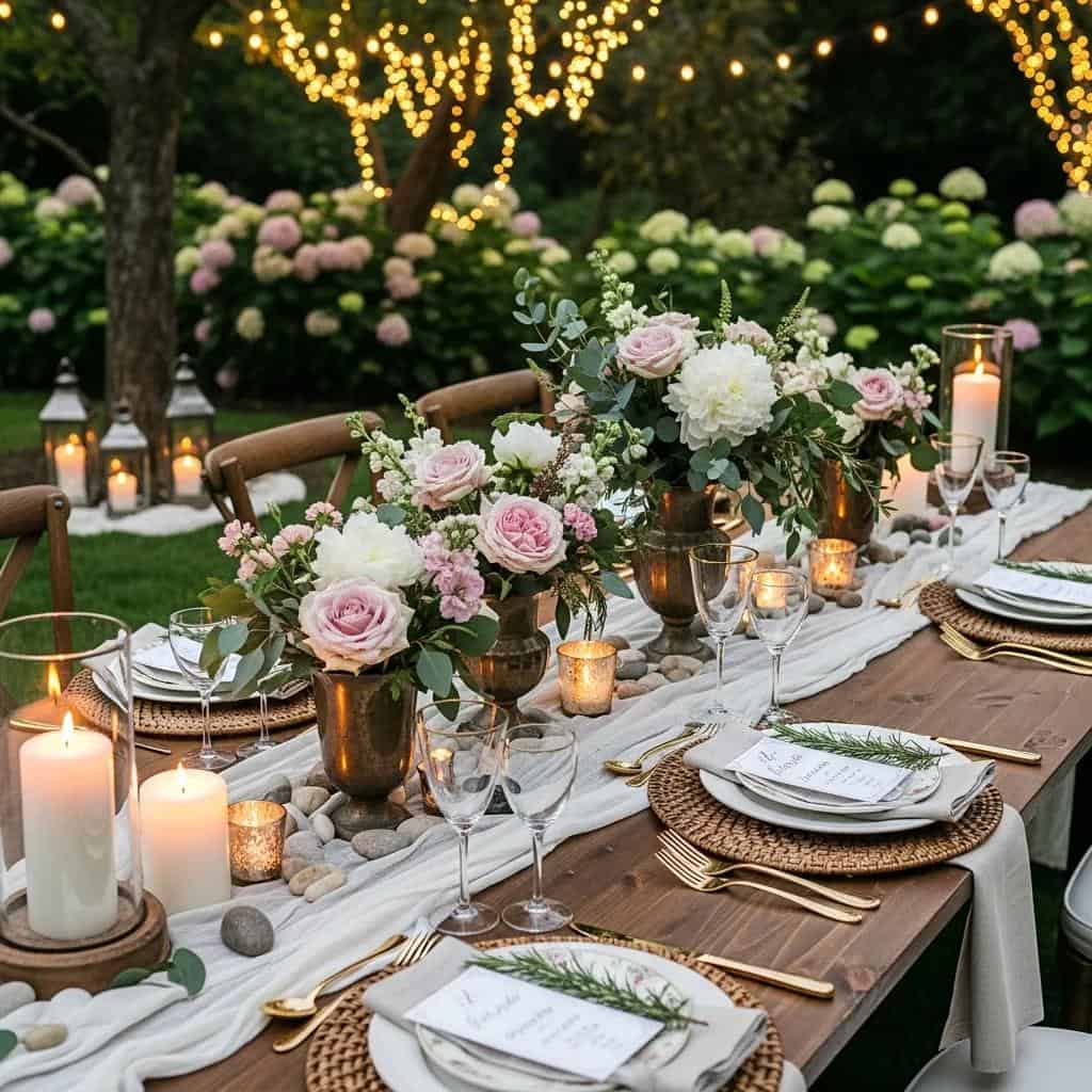 Elegant garden wedding table decor with seasonal flowers and ambient lighting