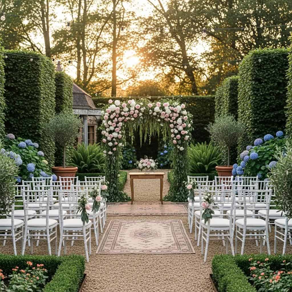 Stunning garden wedding setup with floral arch and elegant seating