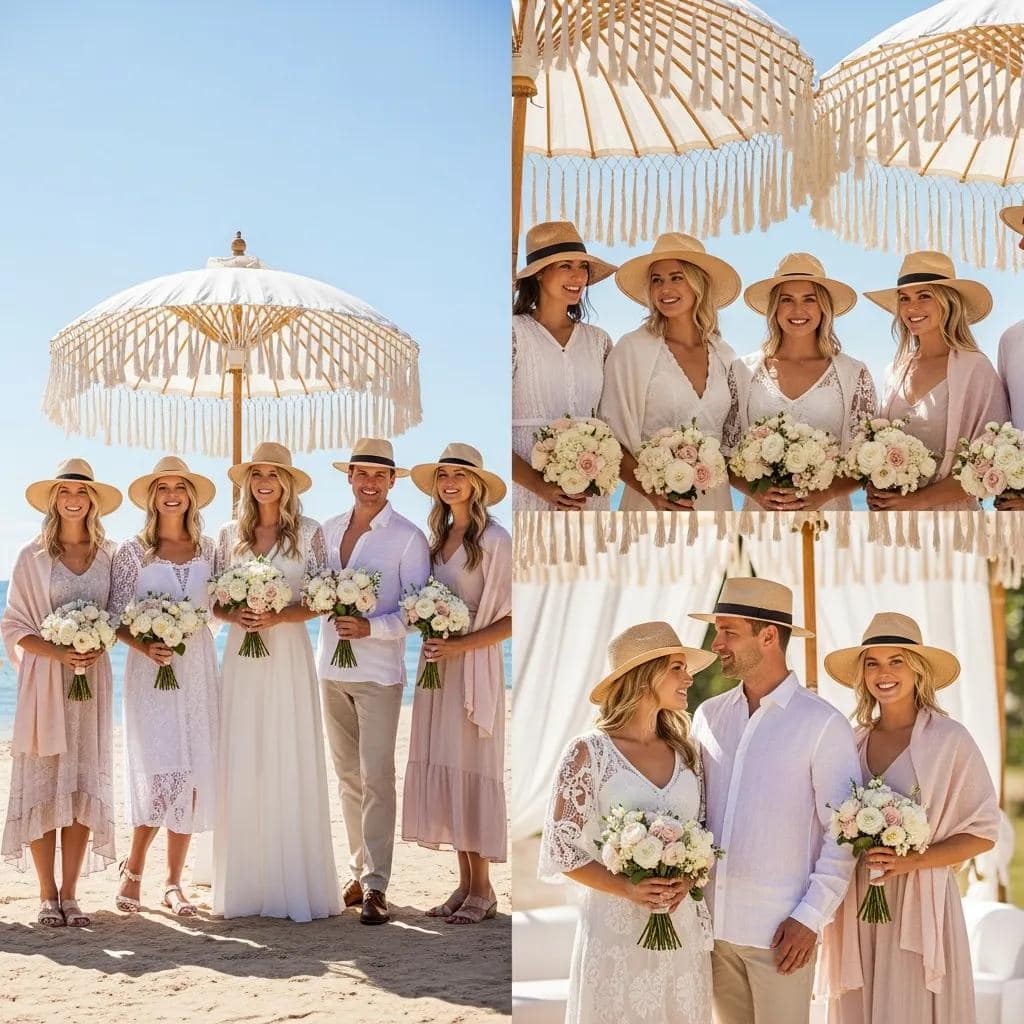 Bridal party in breathable, lightweight fabrics enjoying an outdoor summer celebration