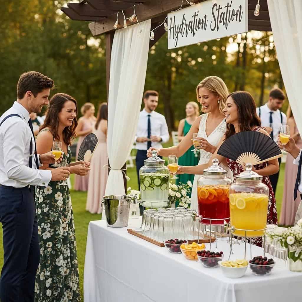 Hydration station with infused water and iced beverages to refresh wedding guests
